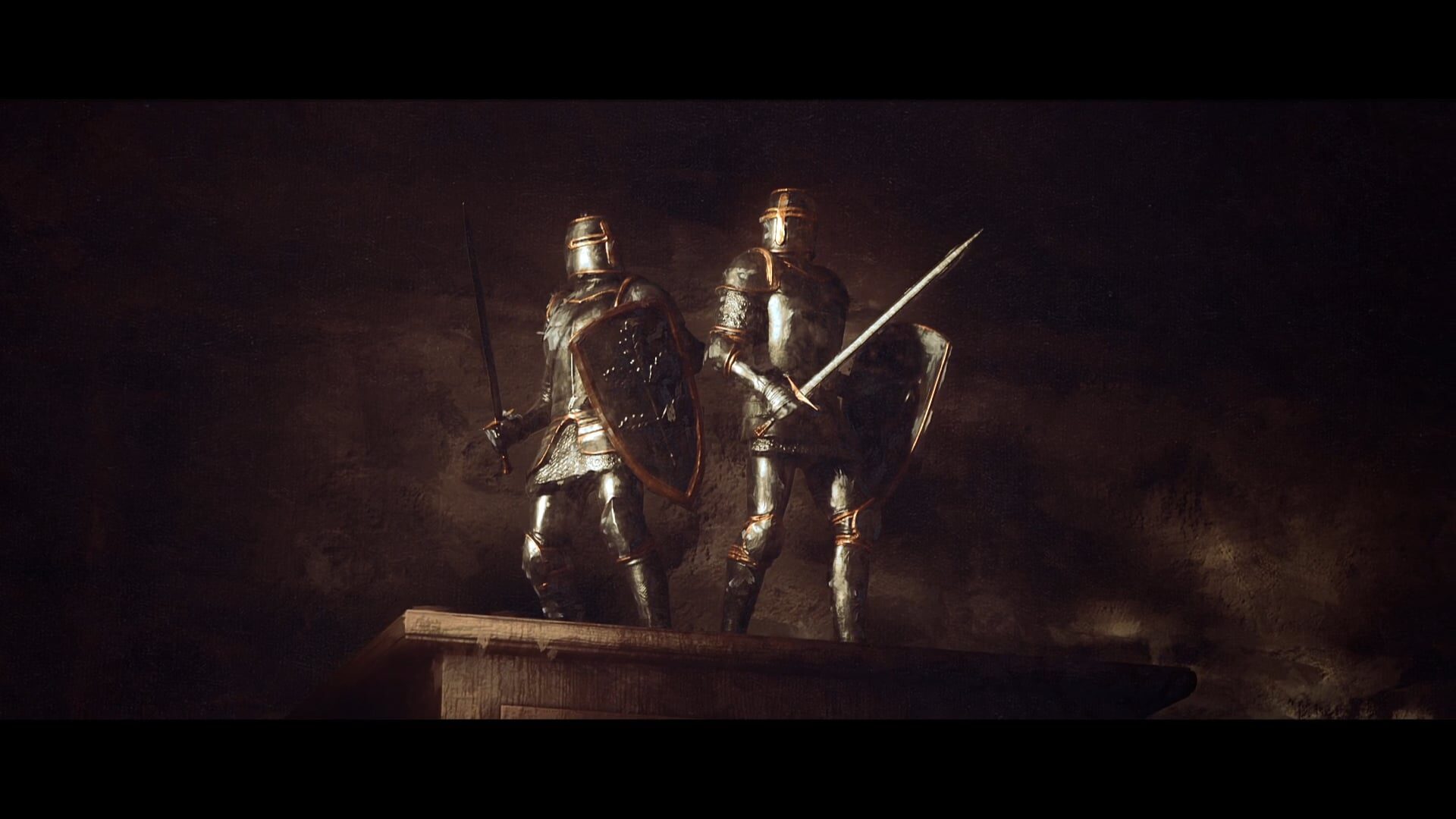 Cinematic still, knight statues